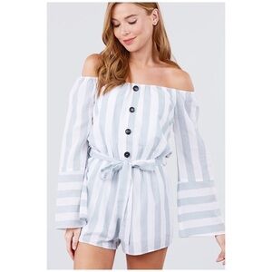 🌟Off Shoulder Stripe Bell Sleeve Romper Sage 1620